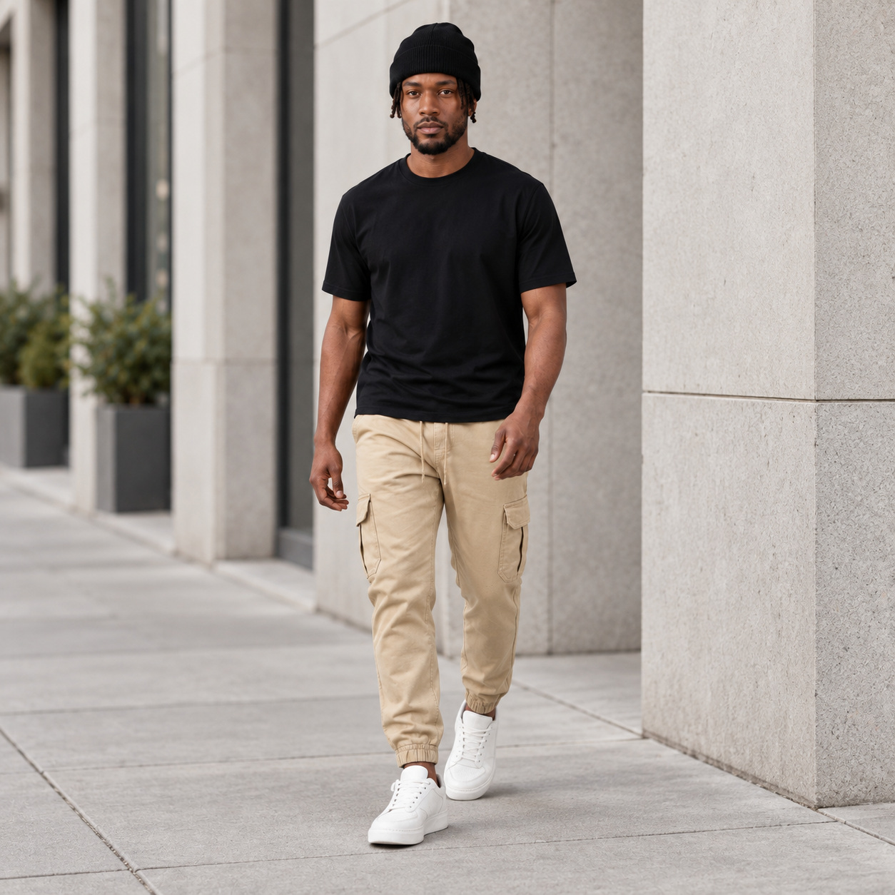 Jogger Cargo Bege New Flow com camiseta preta, gorro e t&ecirc;nis branco em ambiente urbano.