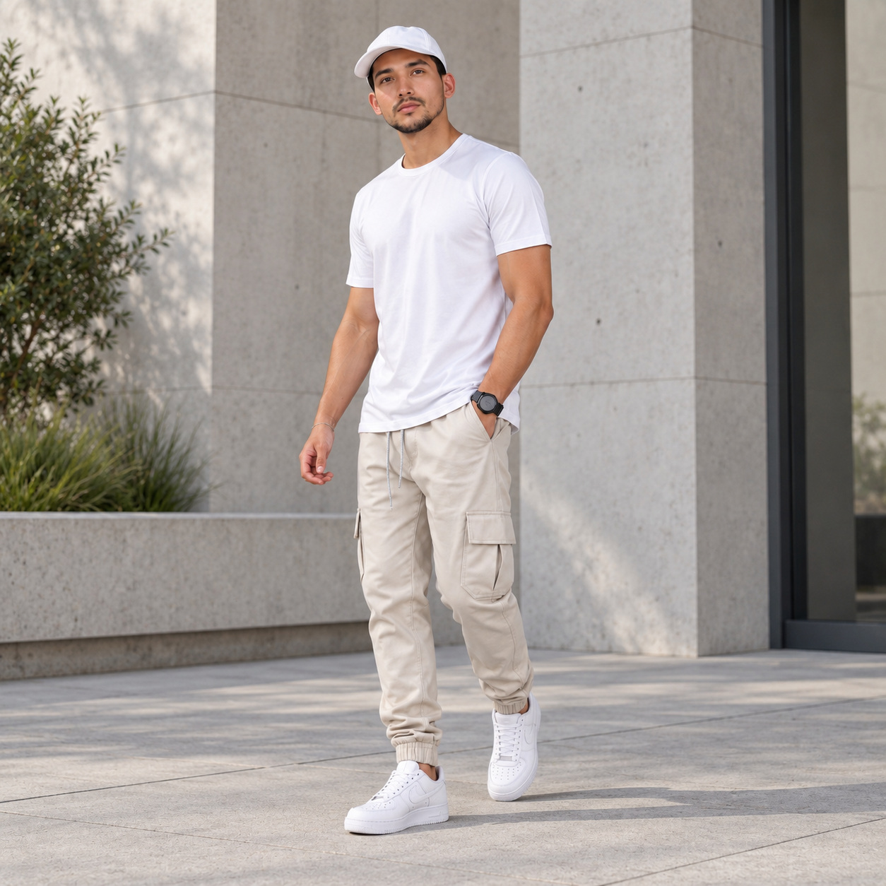 Jogger Cargo Bege Claro New Flow em um look com camiseta branca, bon&eacute; e t&ecirc;nis branco em ambiente urbano.