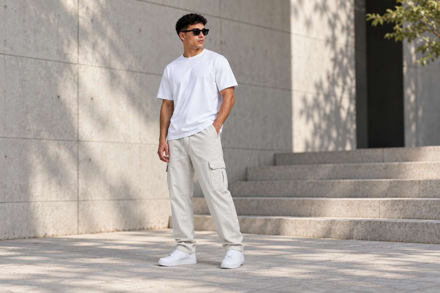 Cargo Reta Bege Clara New Flow em look urbano com camiseta branca e &oacute;culos pretos.