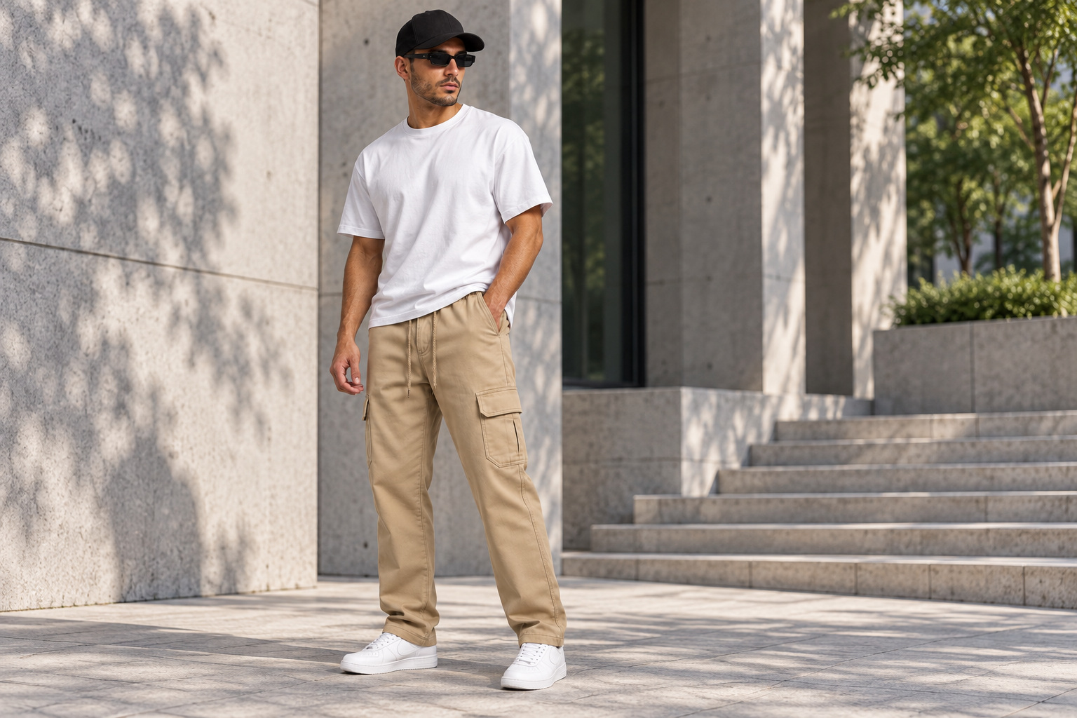 Cargo Reta Bege New Flow em look urbano com camiseta branca e bon&eacute; preto liso.