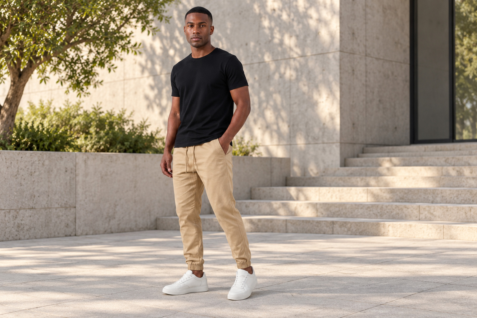 Jogger Bege New Flow em look com camiseta preta.