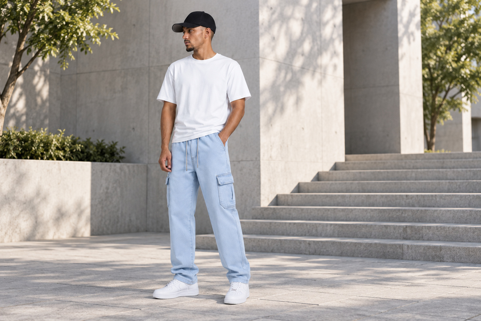 Cargo Reta Jeans Claro New Flow em look urbano com camiseta branca e bon&eacute; preto liso.