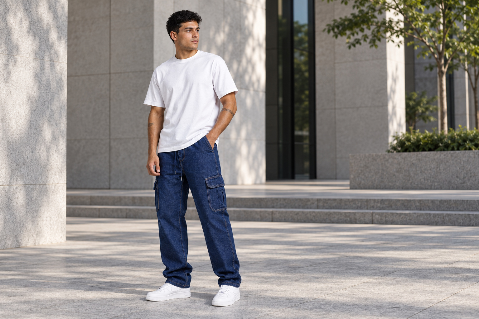Cargo Reta Jeans Escuro New Flow em um look urbano com camiseta branca.