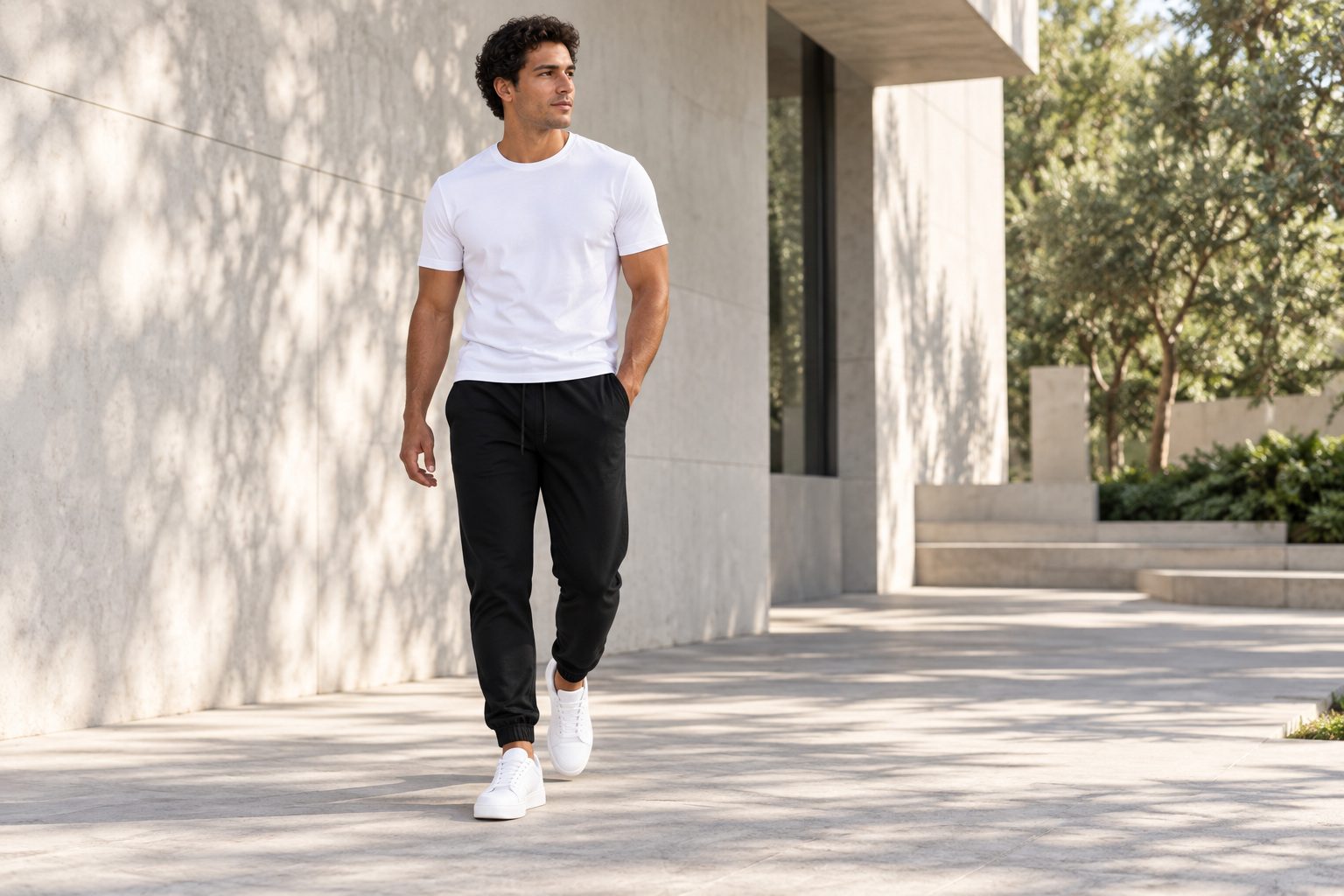 Jogger preta com camiseta branca em look urbano.