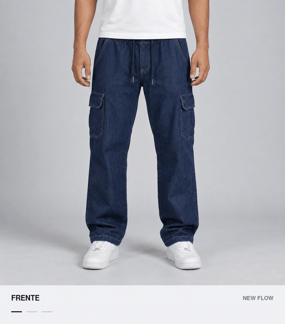 Sequência de fotos de frente, três quartos e costas da Cargo Reta Jeans Escuro.