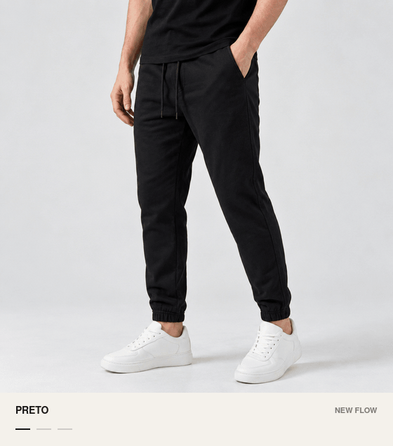 Jogger nas cores preto, bege e bege claro.