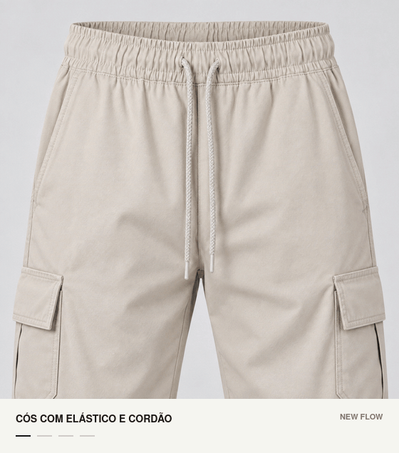 Detalhes do c&oacute;s, bolso cargo, punho el&aacute;stico e bolso traseiro da cal&ccedil;a bege claro.