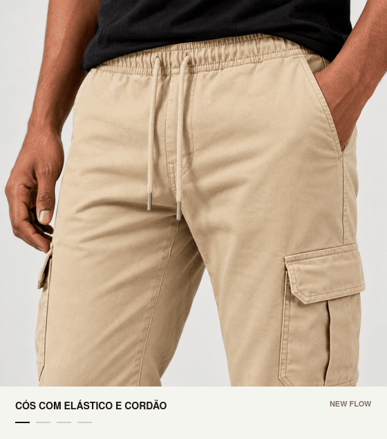 Detalhes do c&oacute;s, bolso cargo, punho el&aacute;stico e bolso traseiro da cal&ccedil;a bege.