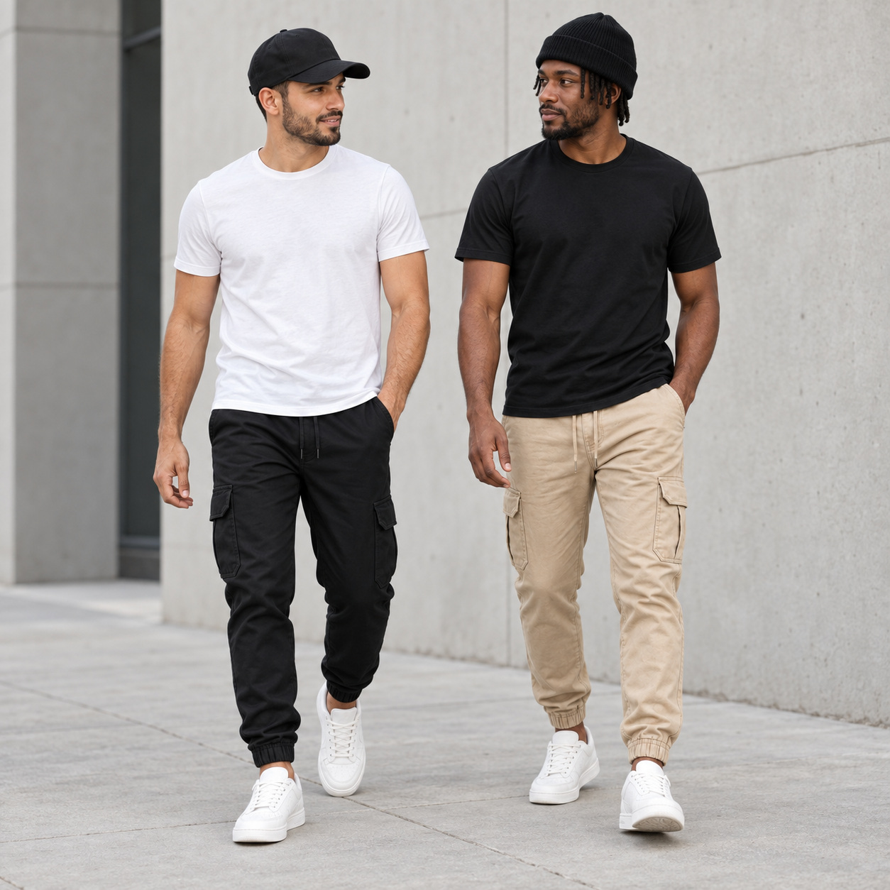 Dois looks com as joggers cargo New Flow preta e bege em um ambiente urbano.