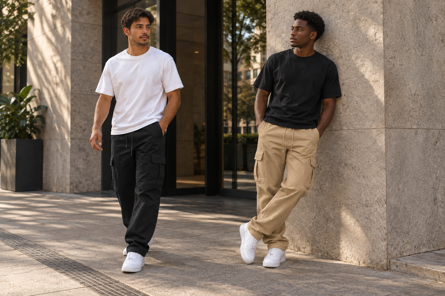 Dois looks com as cargos New Flow preta e bege em um ambiente urbano.
