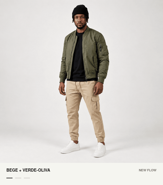 Tr&ecirc;s propostas de look com a mesma Jogger Cargo Bege New Flow.