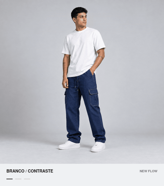 Três composições com a mesma Cargo Reta Jeans Escuro New Flow.