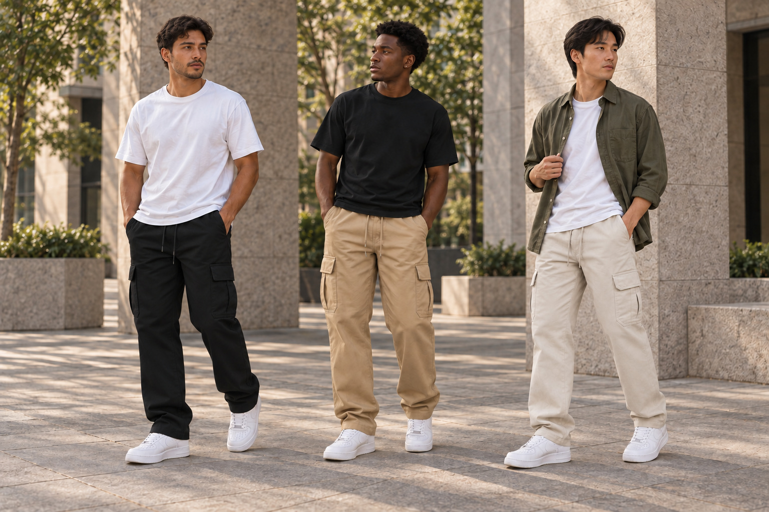 Tr&ecirc;s looks com a Cargo Reta New Flow nas cores preto, bege e bege claro em ambiente urbano.