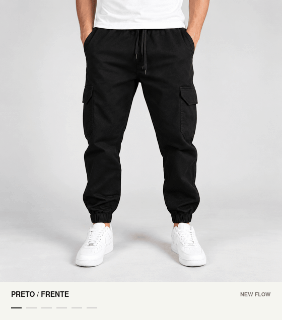 Vistas de frente e de costas da Jogger Cargo nas cores preto, bege e bege claro.