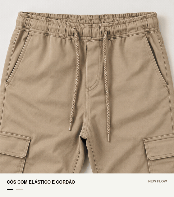Sequ&ecirc;ncia com o c&oacute;s de el&aacute;stico e cord&atilde;o e um detalhe do bolso cargo.