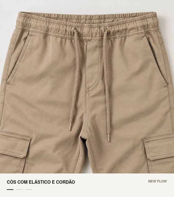 Detalhes do c&oacute;s com el&aacute;stico e cord&atilde;o, do bolso cargo e do bolso traseiro.