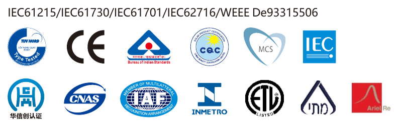 Selos de certifica&ccedil;&atilde;o do painel Ronma: T&Uuml;V NORD, CE, INMETRO, IEC, ETL e outros