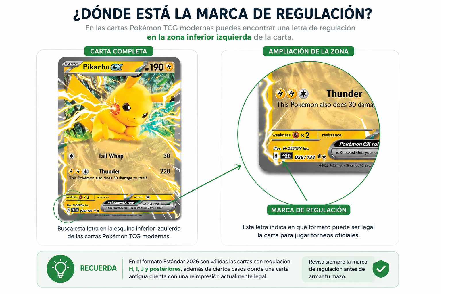 Ejemplo de dónde encontrar la marca de regulación H en una carta Pikachu ex de Pokémon TCG