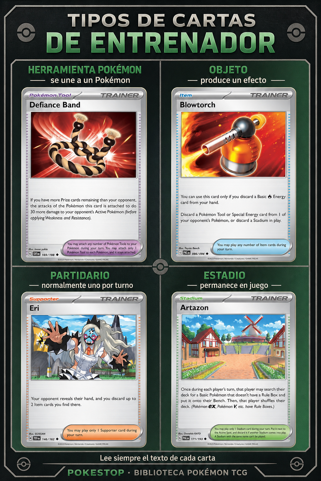 Ejemplos de Herramienta Pokémon, Objeto, Partidario y Estadio