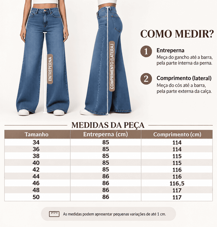 Tabela de medidas com comprimento e entreperna da cal&ccedil;a wide leg por tamanho