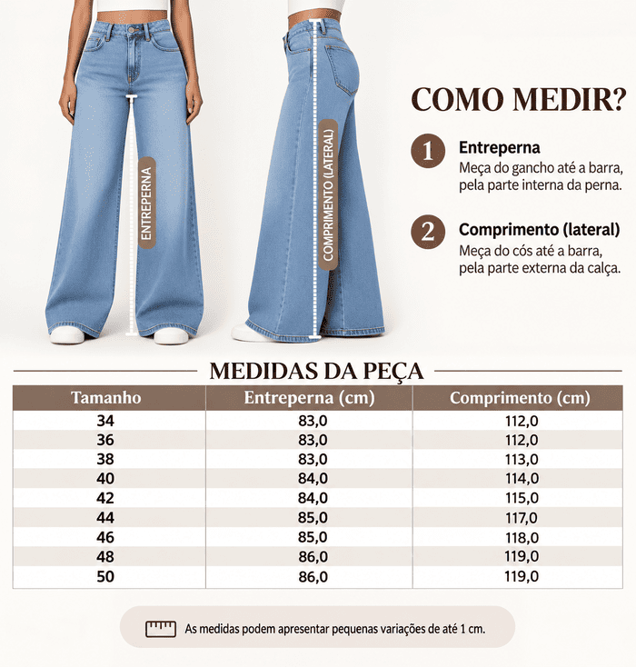 Tabela de medidas com o comprimento da cal&ccedil;a wide leg jeans claro por tamanho