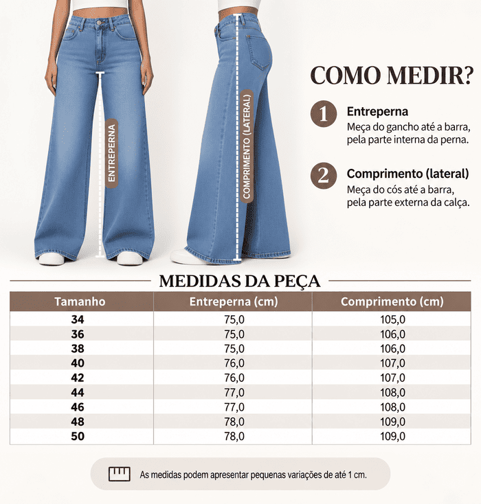 Tabela de medidas com o comprimento da cal&ccedil;a wide leg jeans por tamanho