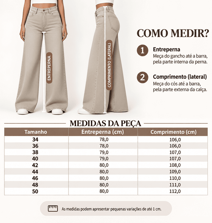 Tabela de medidas com o comprimento da cal&ccedil;a wide leg em sarja por tamanho