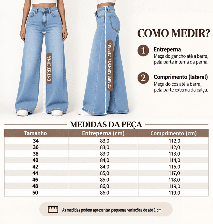 Tabela de medidas com o comprimento da cal&ccedil;a wide leg jeans claro por tamanho