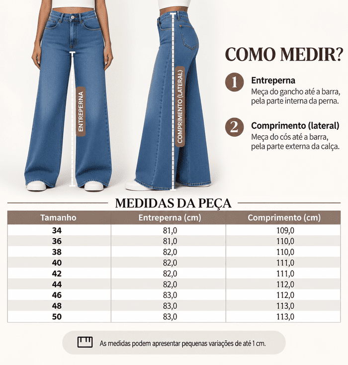 Tabela de medidas com o comprimento da cal&ccedil;a wide leg jeans claro com elastano por tamanho