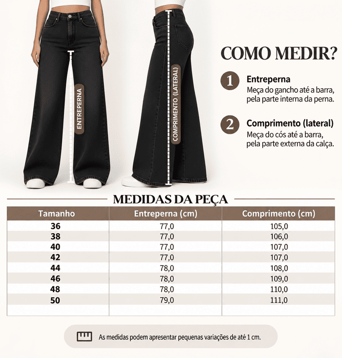 Tabela de medidas com o comprimento da cal&ccedil;a preta corte reto por tamanho