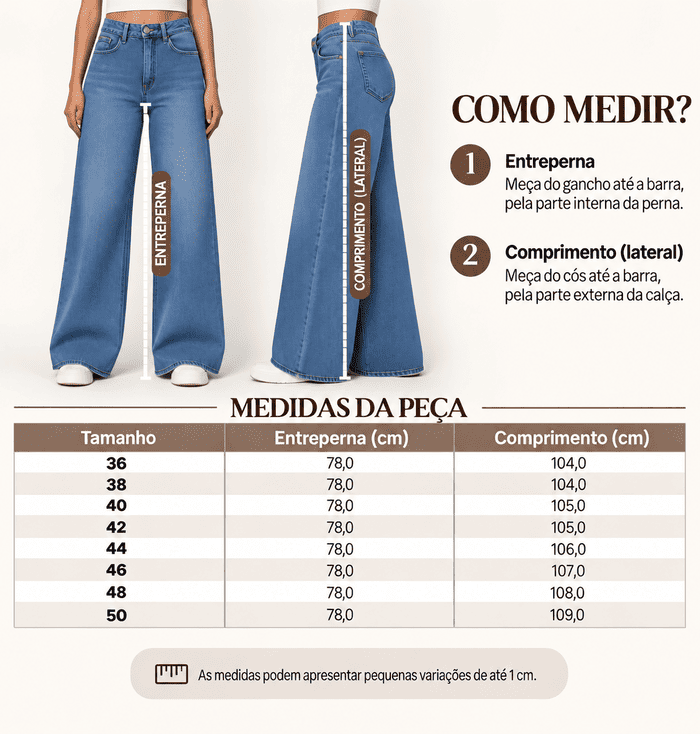 Tabela de medidas com o comprimento da cal&ccedil;a jeans claro corte reto por tamanho