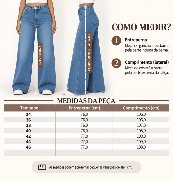 Tabela de medidas com o comprimento da cal&ccedil;a wide leg jeans 100% algod&atilde;o por tamanho