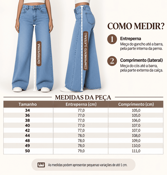 Tabela de medidas com o comprimento da cal&ccedil;a jeans claro corte reto por tamanho