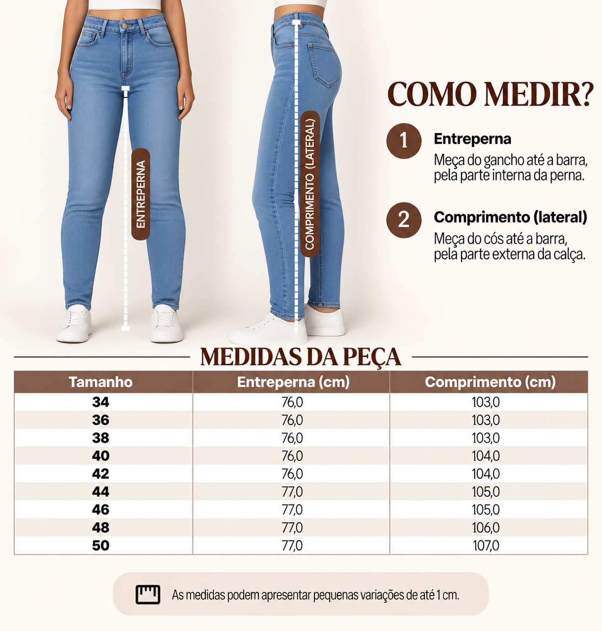 Guia de medidas da calça skinny Aura, com o comprimento por tamanho