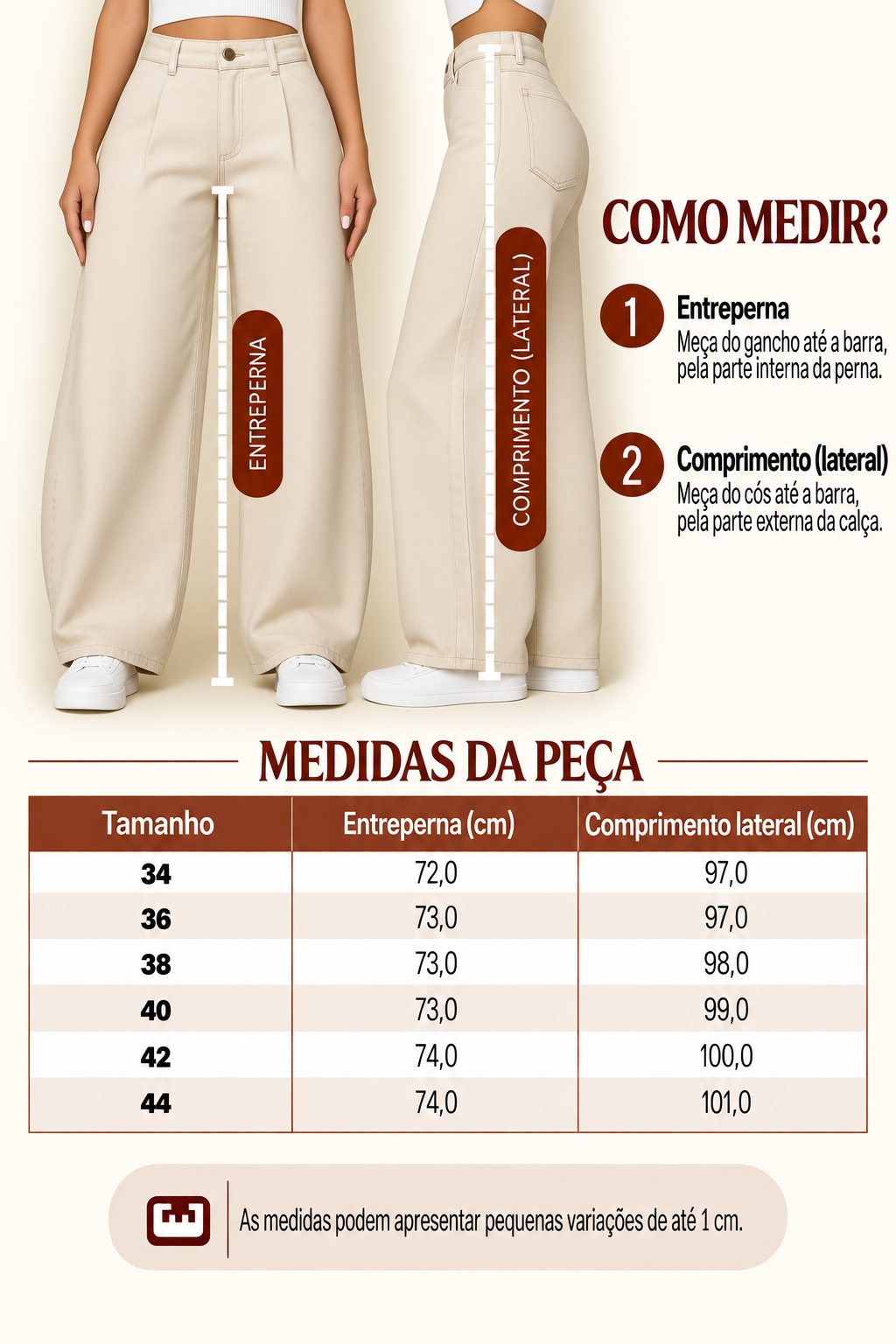 Guia de medidas da calça sarja barrel, com o comprimento por tamanho