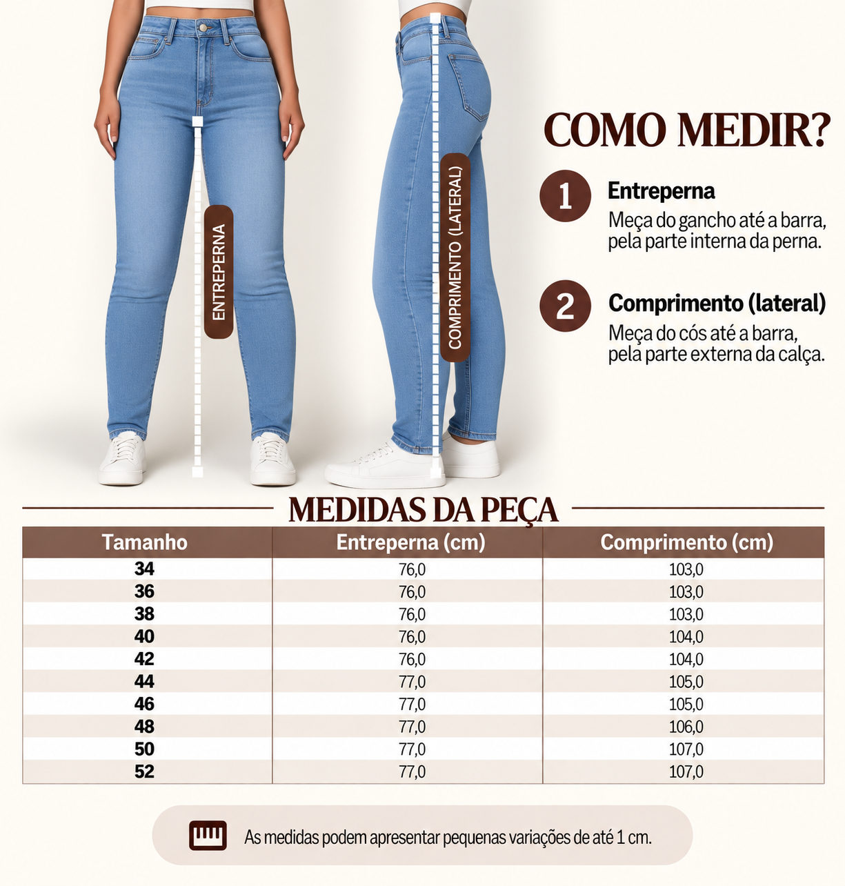 Guia de medidas da cal&ccedil;a jeans skinny, com o comprimento por tamanho