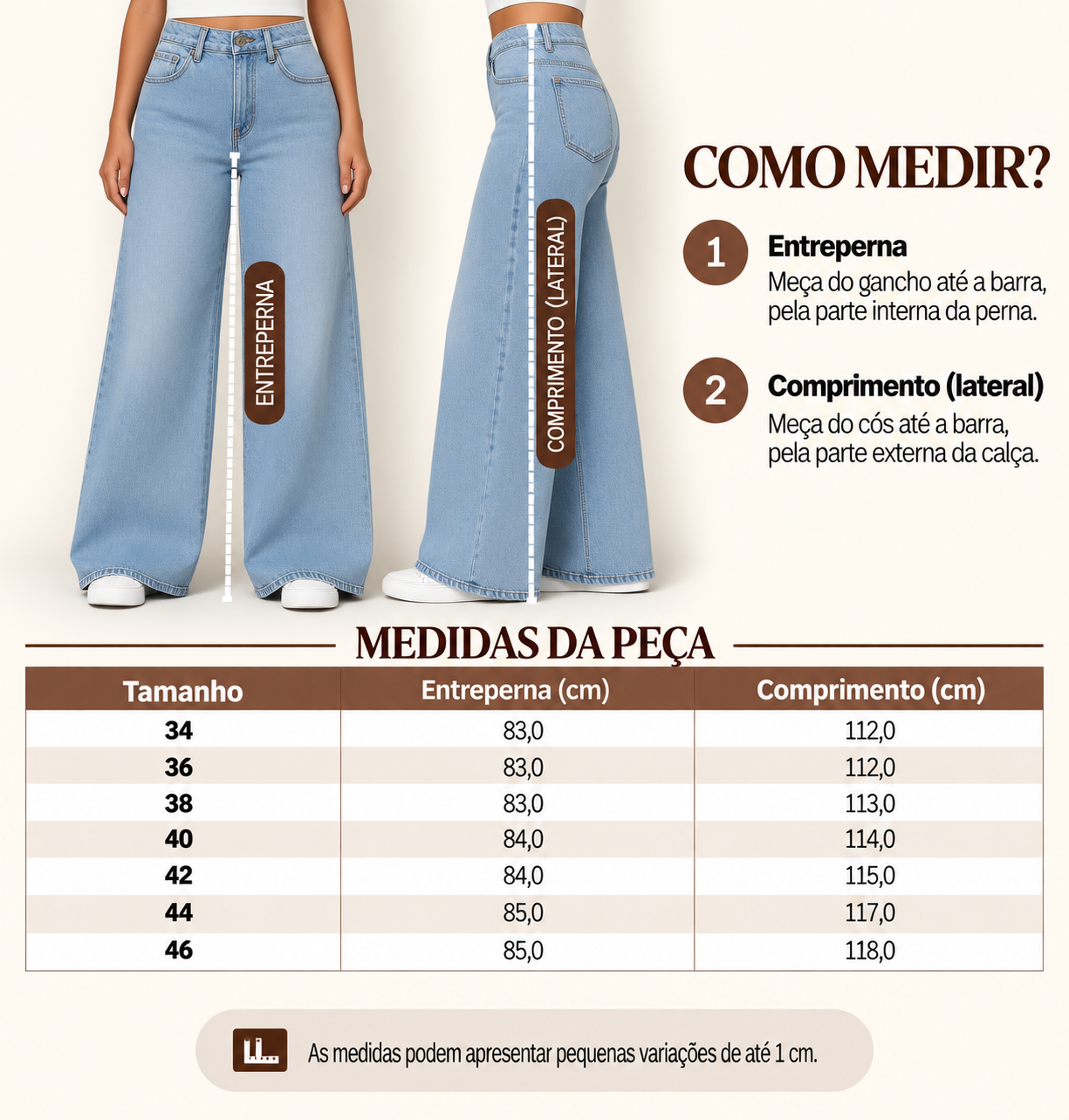 Guia de medidas da cal&ccedil;a wide leg jeans escura, com o comprimento por tamanho