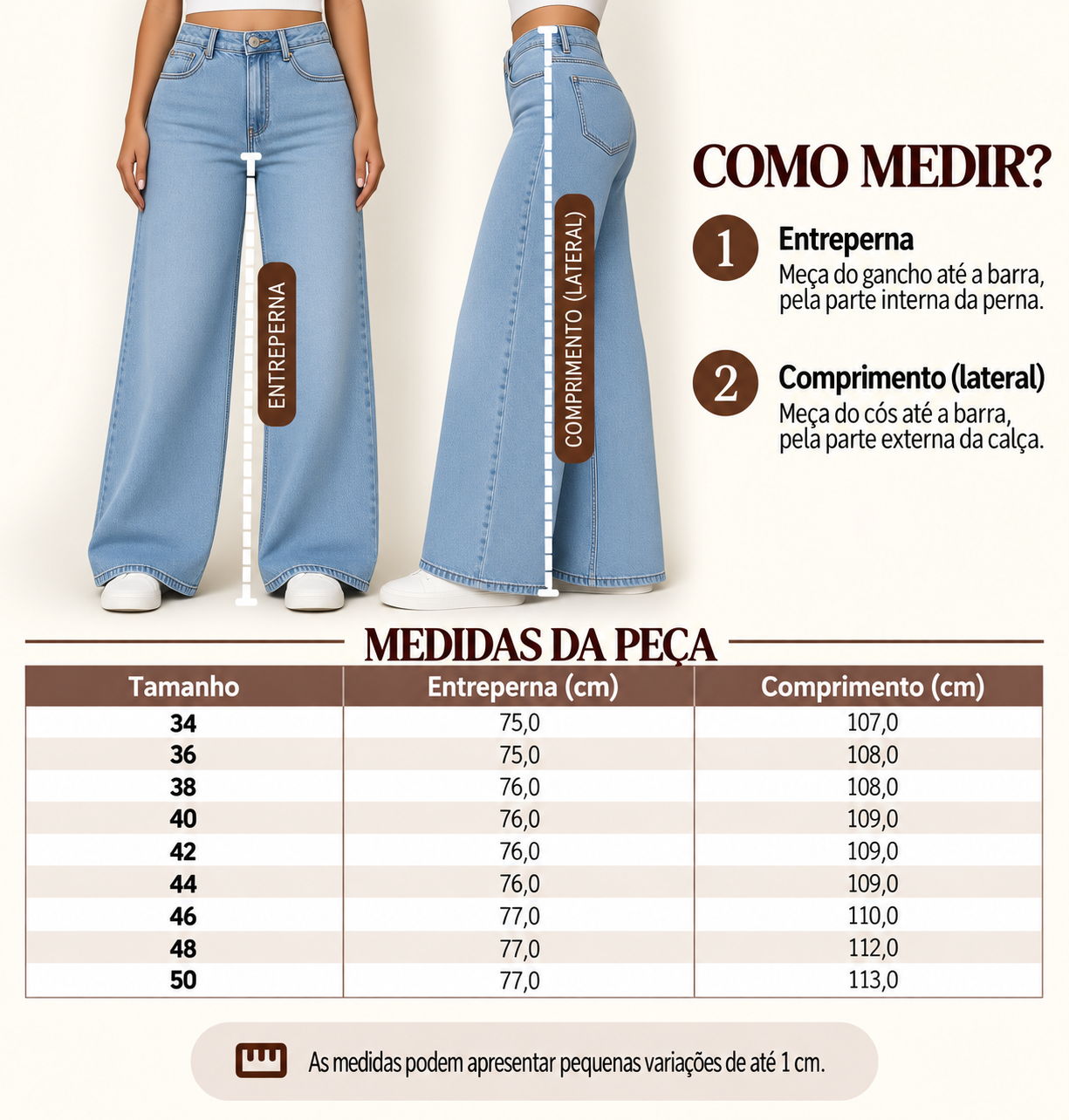 Guia de medidas da cal&ccedil;a wide leg jeans clara, com o comprimento por tamanho