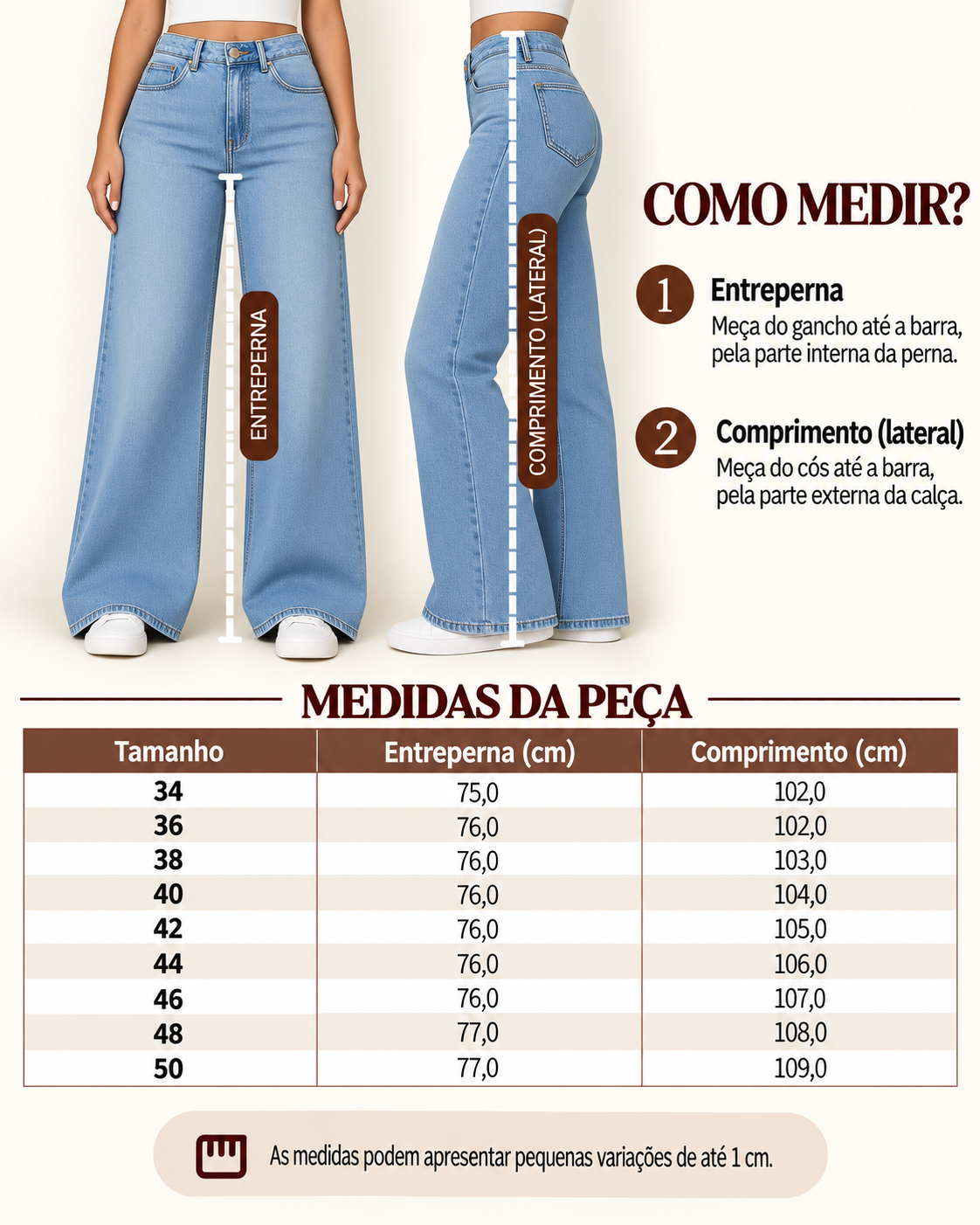 Guia de medidas da cal&ccedil;a wide leg jeans 100% algod&atilde;o, com o comprimento por tamanho