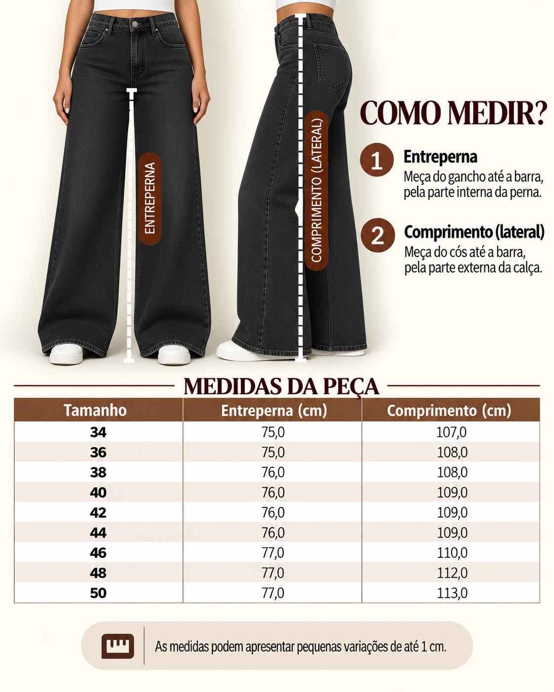 Guia de medidas da cal&ccedil;a wide leg jeans escura, com o comprimento por tamanho