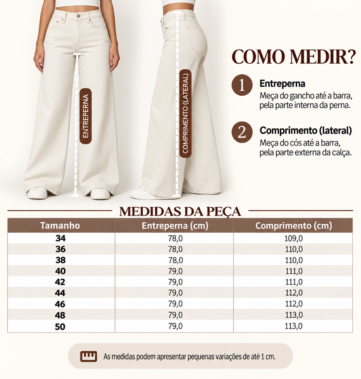 Guia de medidas da cal&ccedil;a wide leg, com o comprimento por tamanho