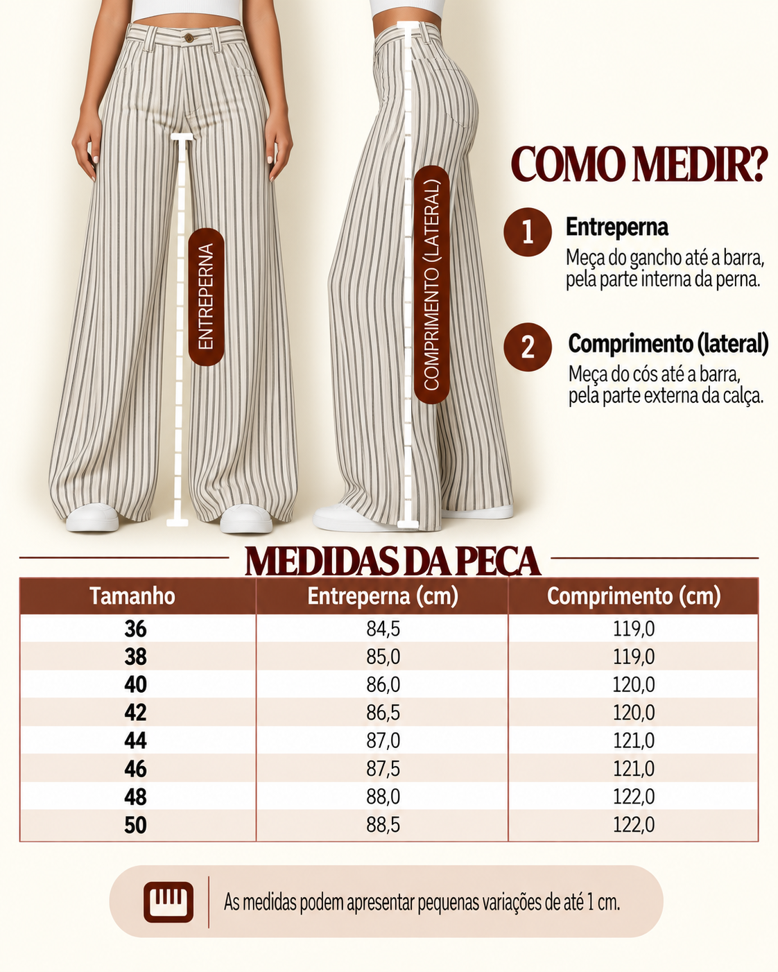 Guia de medidas da cal&ccedil;a listrada, com o comprimento por tamanho