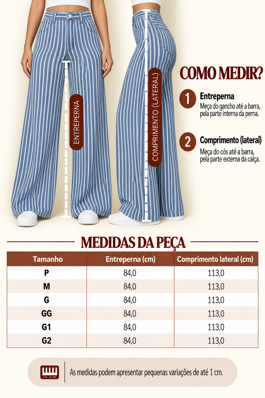 Guia de medidas da cal&ccedil;a wide leg listrada, com o comprimento por tamanho