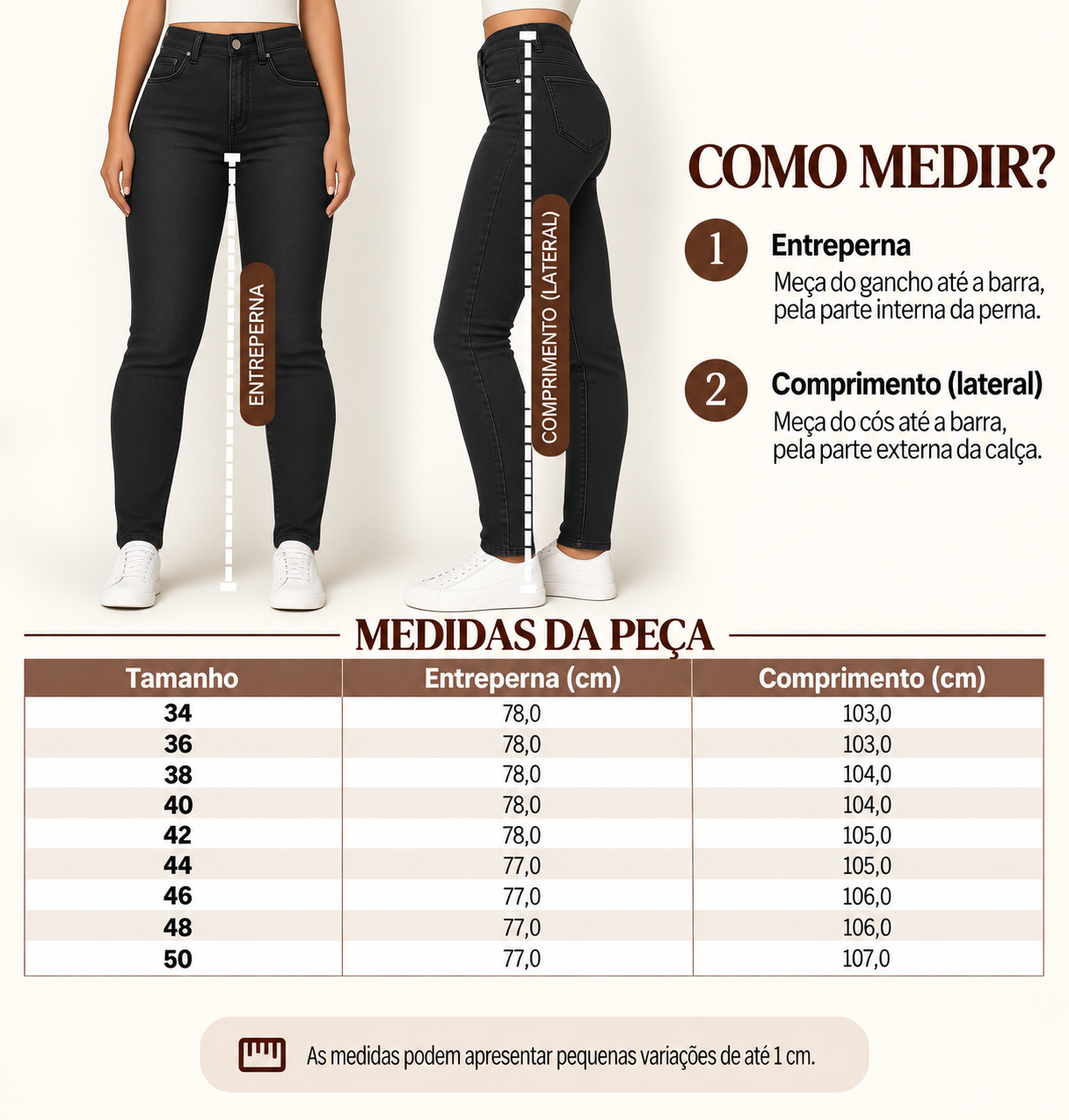 Guia de medidas da cal&ccedil;a skinny preta, com o comprimento por tamanho