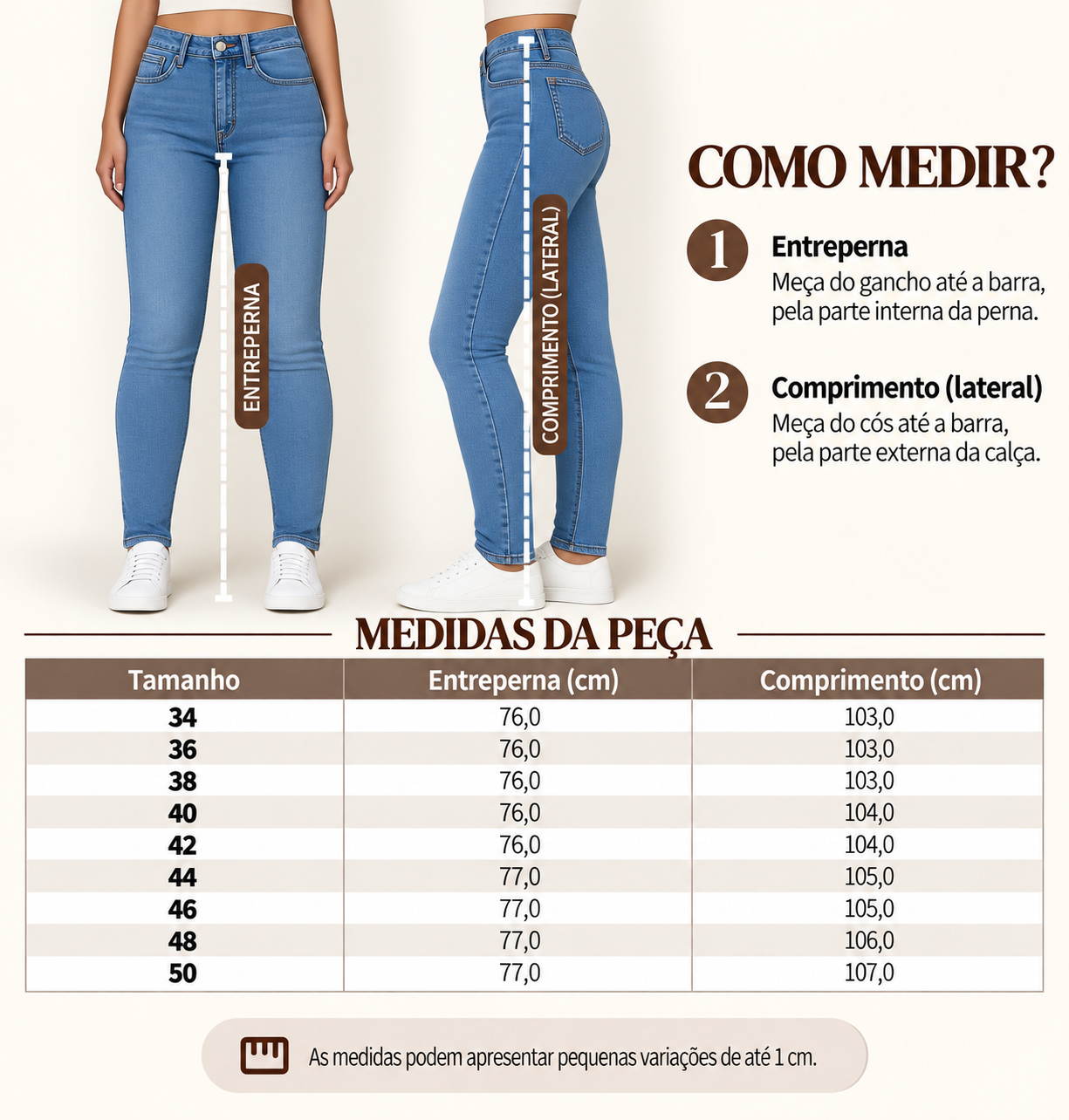 Guia de medidas da cal&ccedil;a skinny, com o comprimento por tamanho
