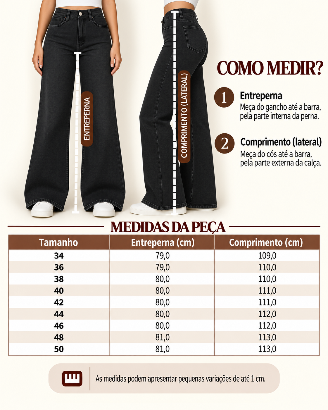 Guia de medidas da cal&ccedil;a wide leg preta, com o comprimento por tamanho