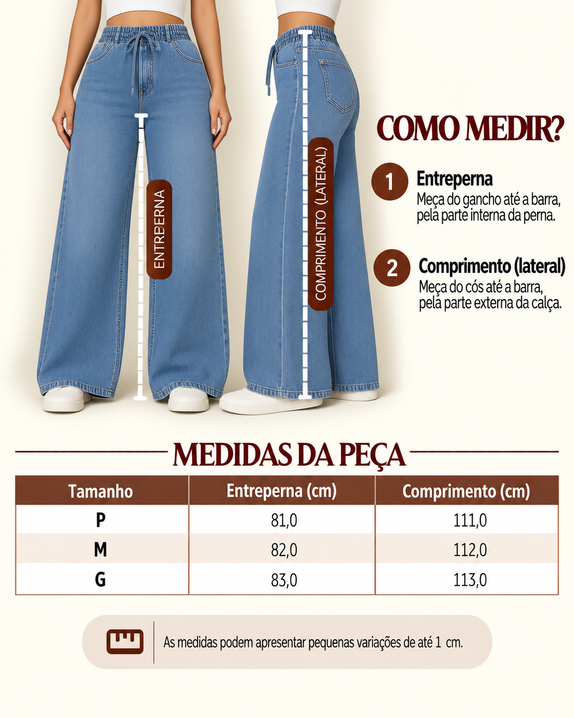 Guia de medidas da cal&ccedil;a wide leg jeans claro, com o comprimento por tamanho