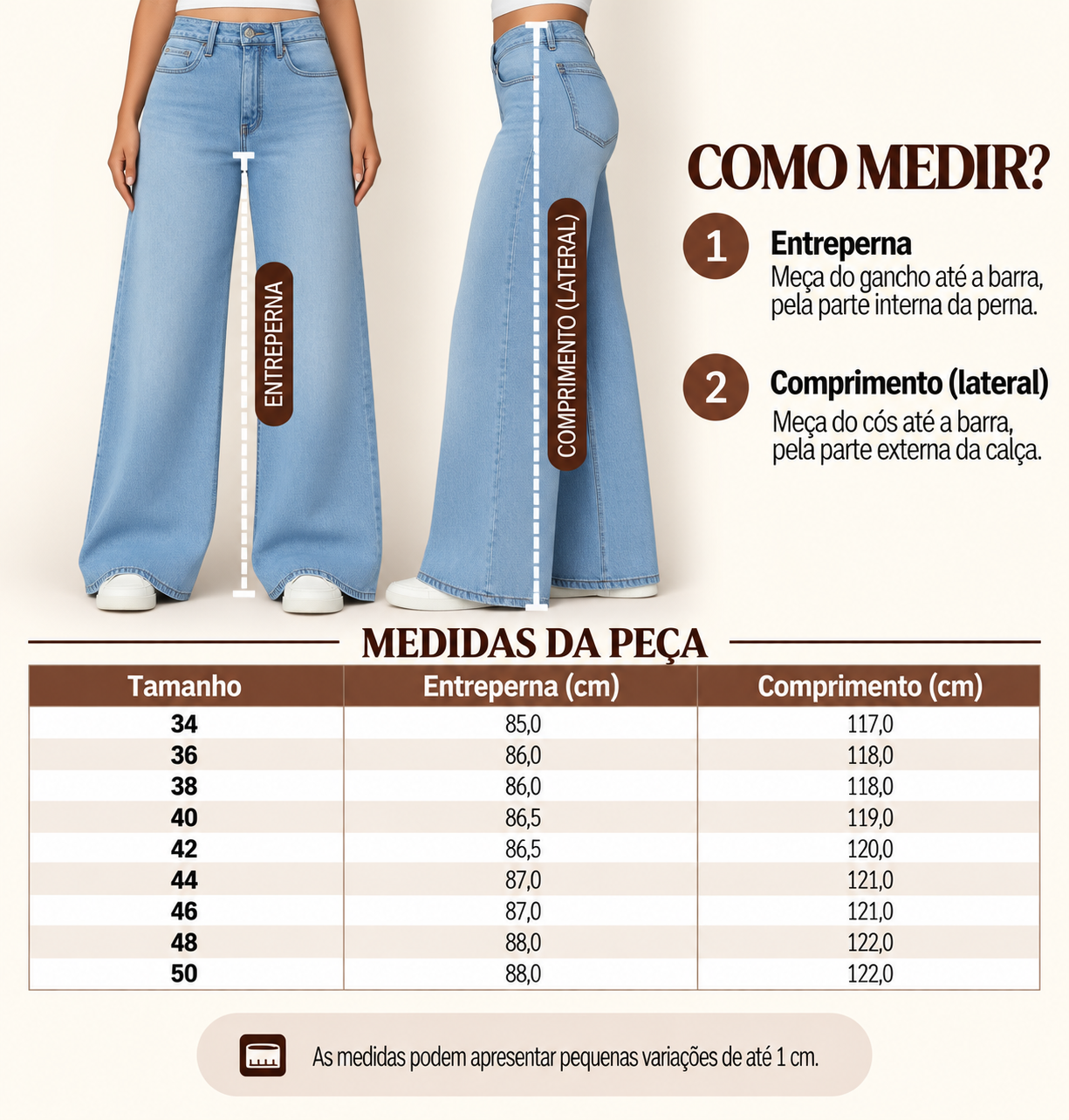 Guia de medidas da calça wide leg para mulheres altas, com o comprimento por tamanho