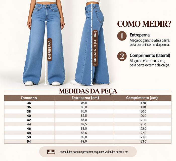 Guia de medidas da linha L&uacute;cia, com o comprimento da cal&ccedil;a por tamanho