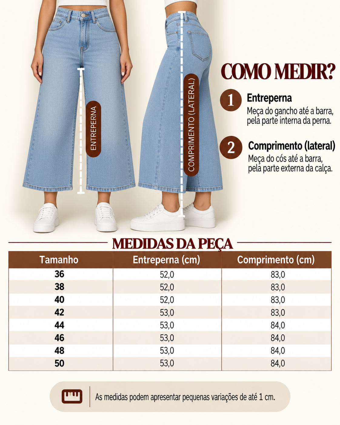 Guia de medidas da cal&ccedil;a pantacourt jeans, com o comprimento por tamanho